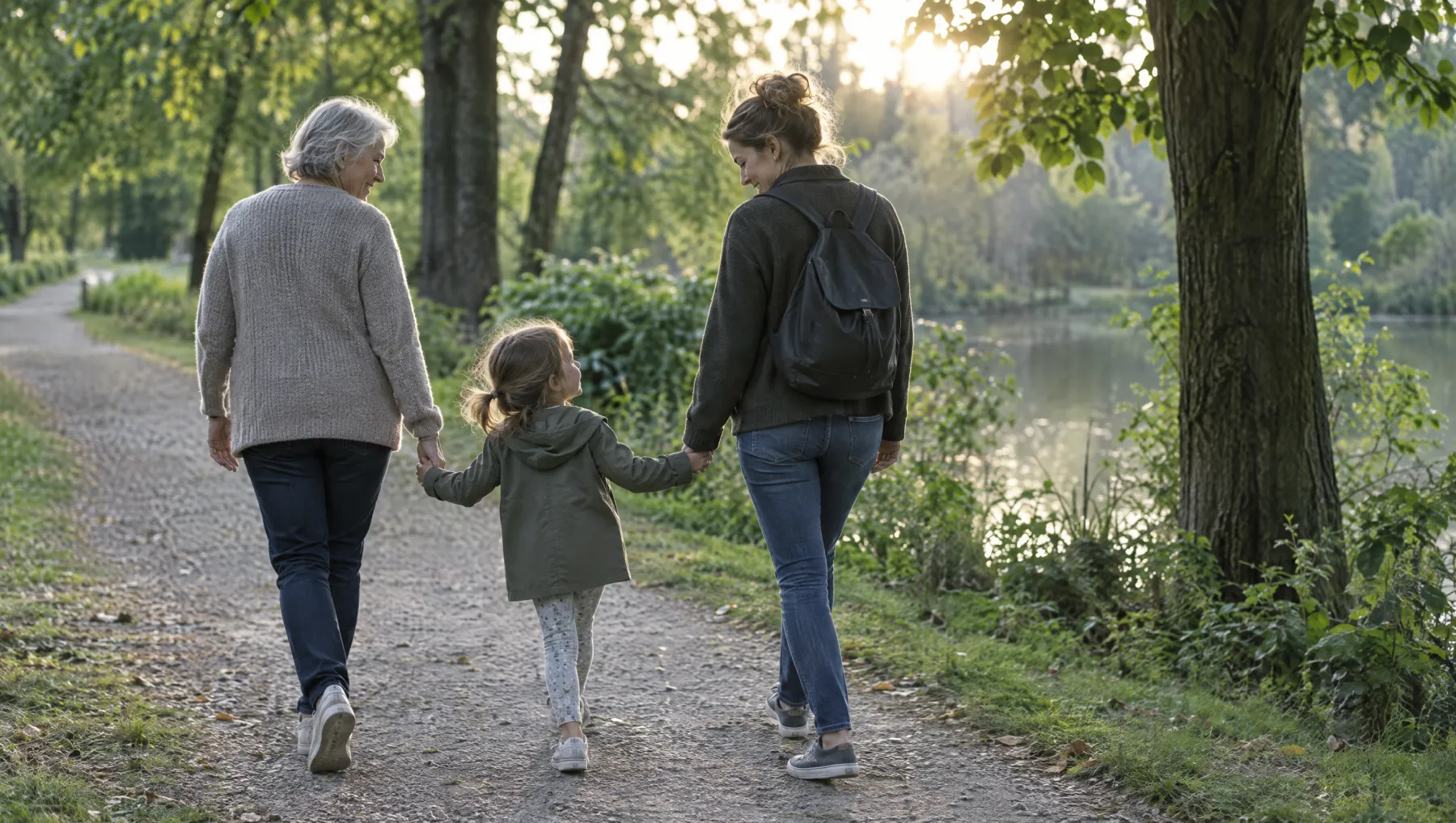 Three generations of a family walking together along a tree-lined path