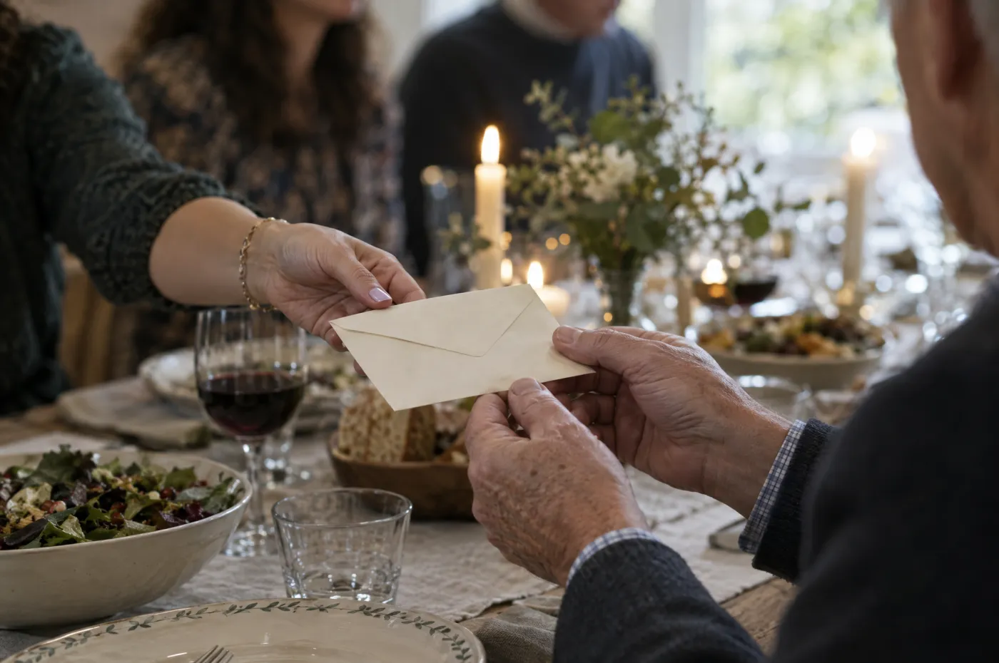 A woman's hands passing a plain envelope across a dinner table into an older man's hands