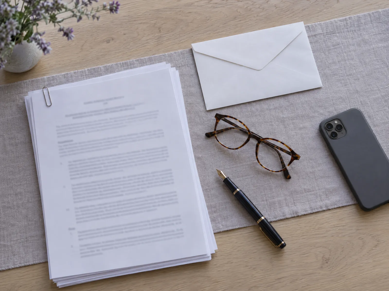 Overhead view of a stack of printed documents, an envelope, reading glasses, a pen, and a phone on a table