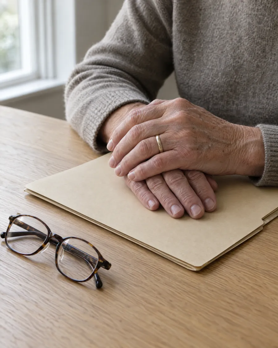 An older person's hands resting on a closed folder beside a pair of reading glasses