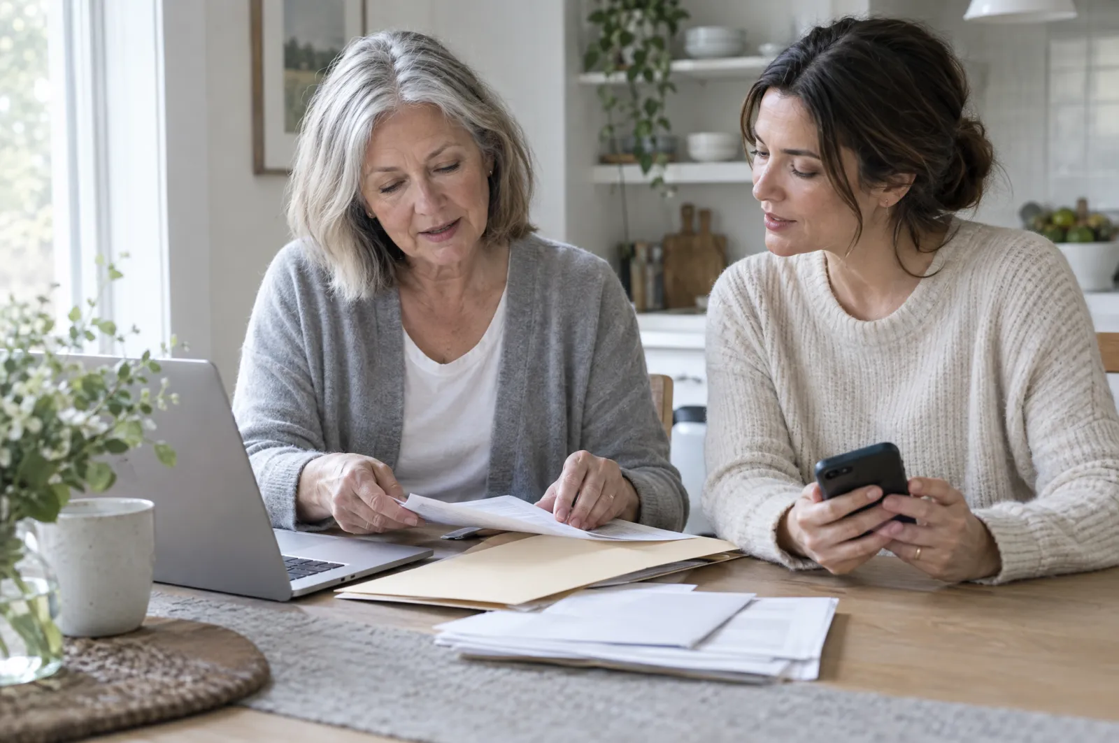 A woman in her sixties sorting paperwork into a folder at a kitchen table while her adult daughter sits beside her