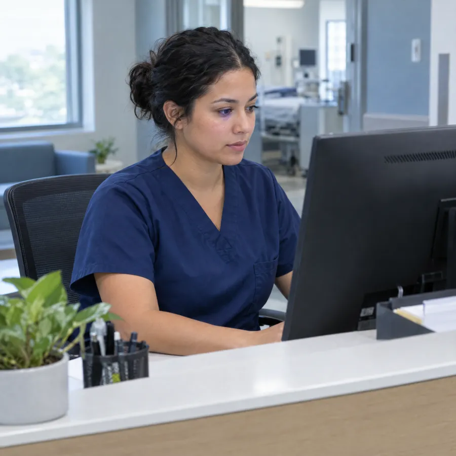 Hospital staff member at a reception desk working at a computer