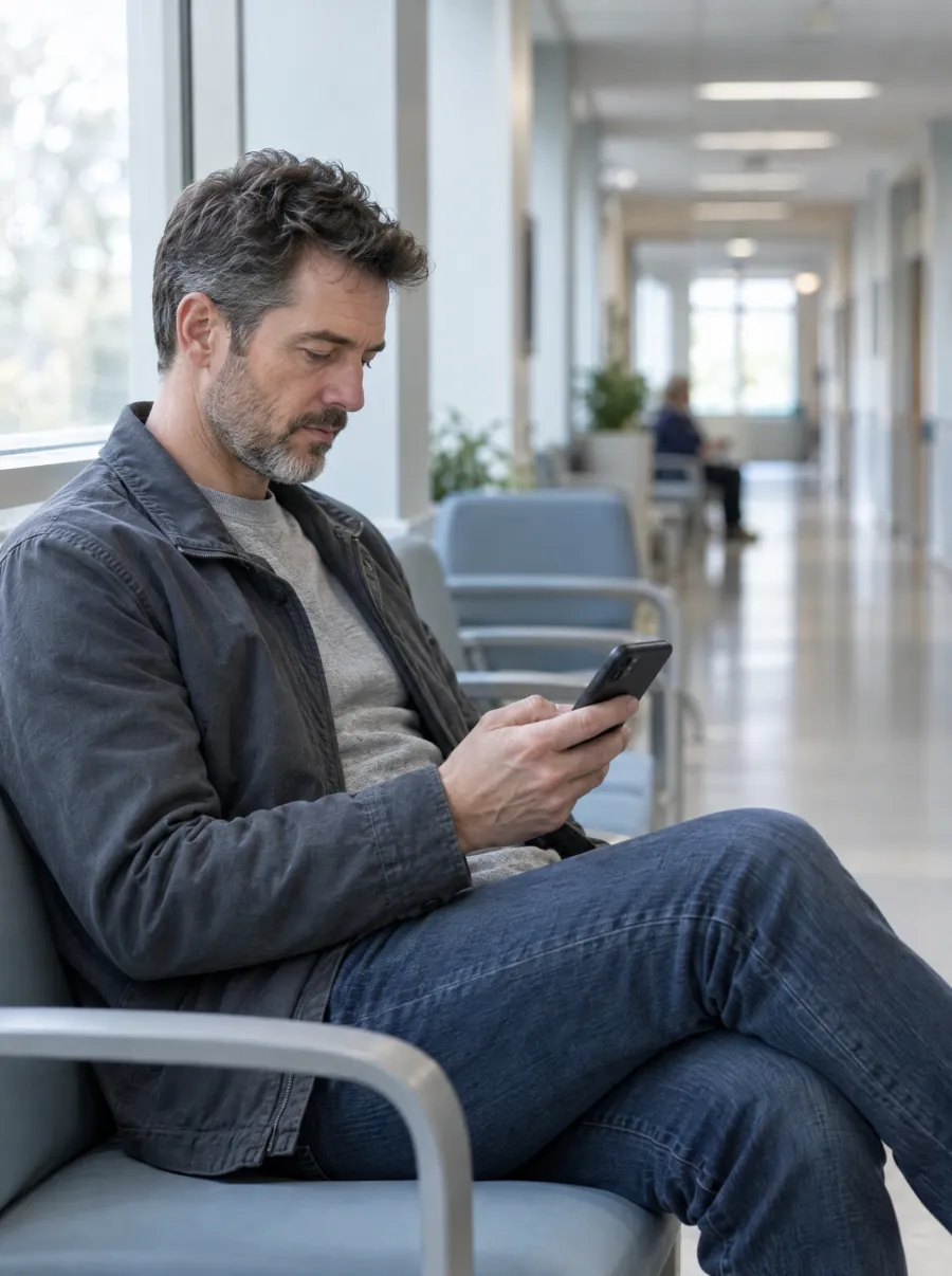 A man sitting calmly in a hospital waiting area looking at his phone