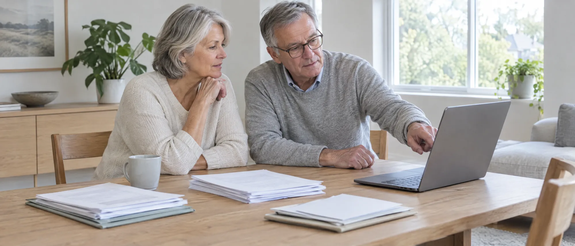 A couple in their sixties reviewing documents on a laptop together at a dining table