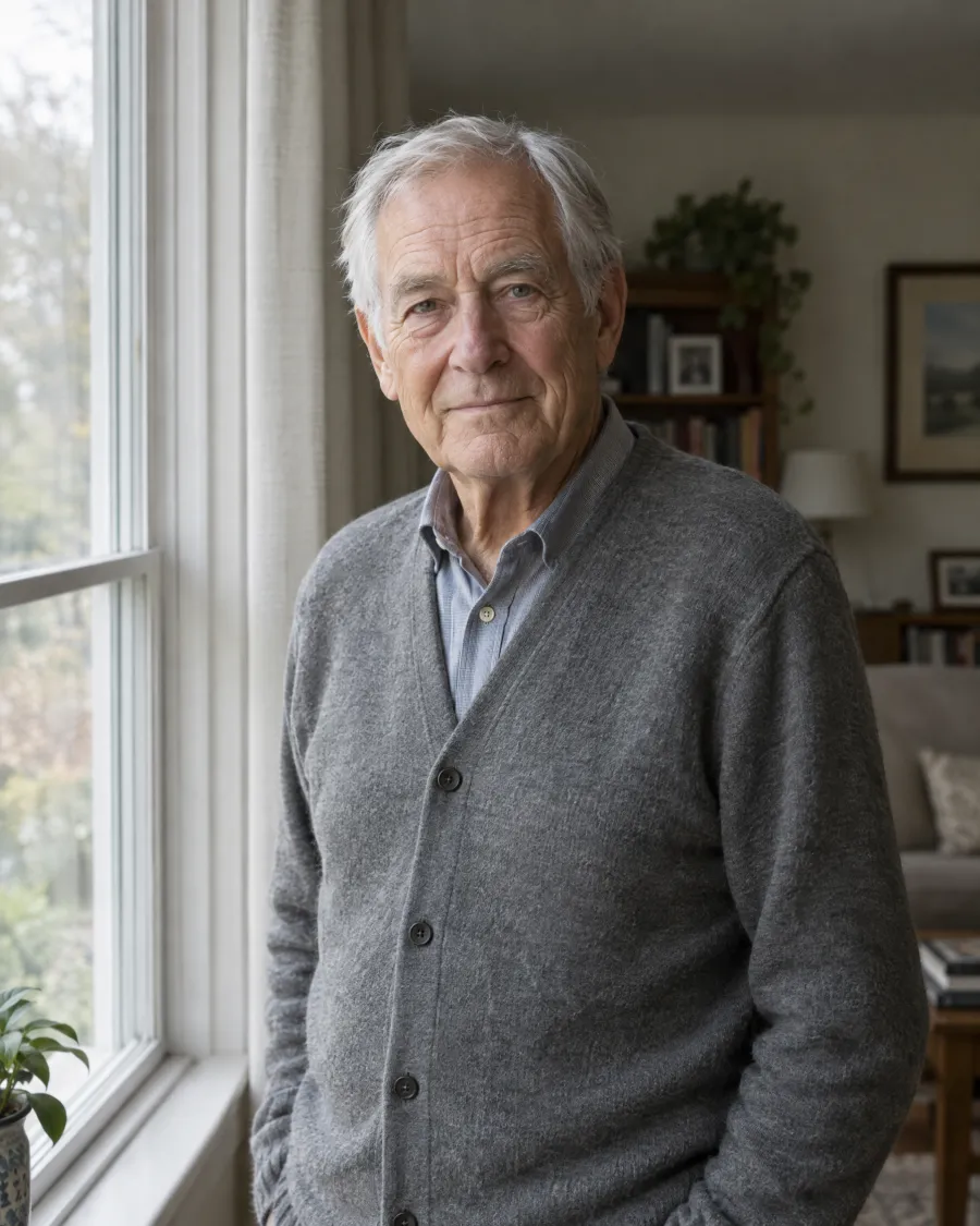 A man in his seventies standing by a window in his living room, looking calmly at the camera