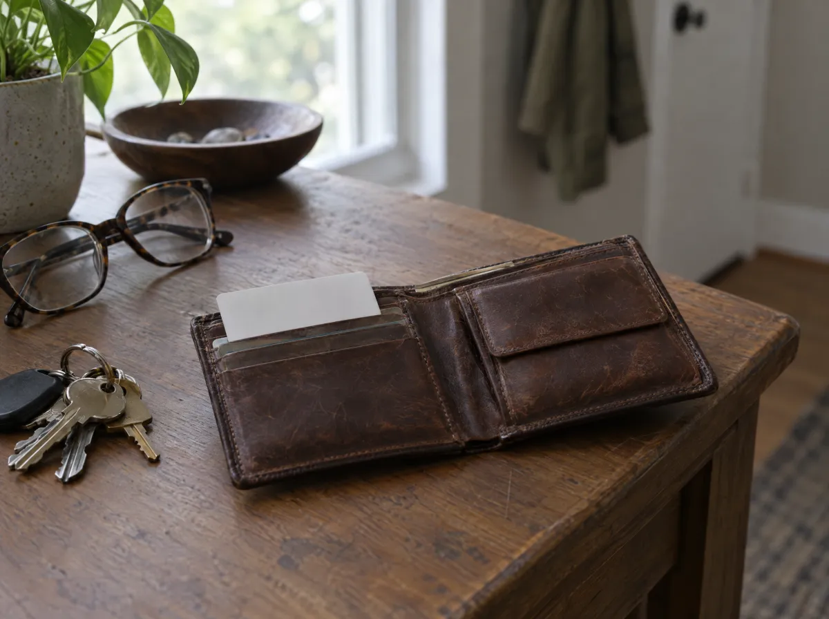 An open leather wallet on a wooden table with a plain card tucked inside, beside keys and glasses
