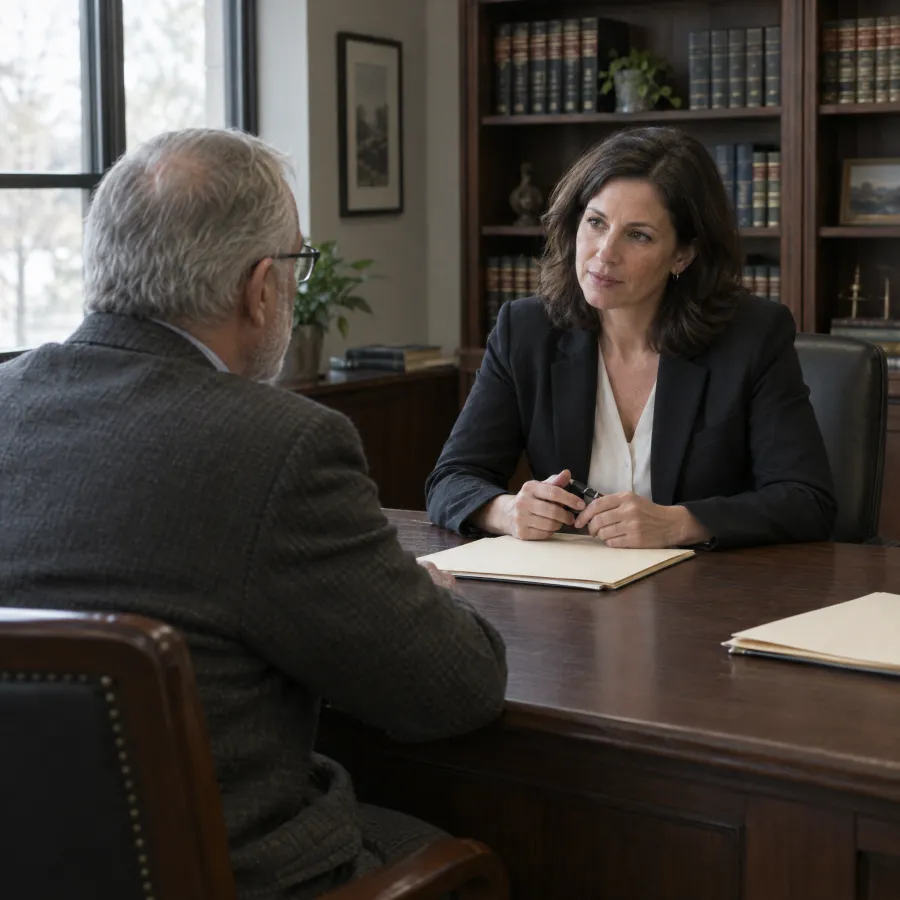 Attorney meeting with an older client across a desk in a law office