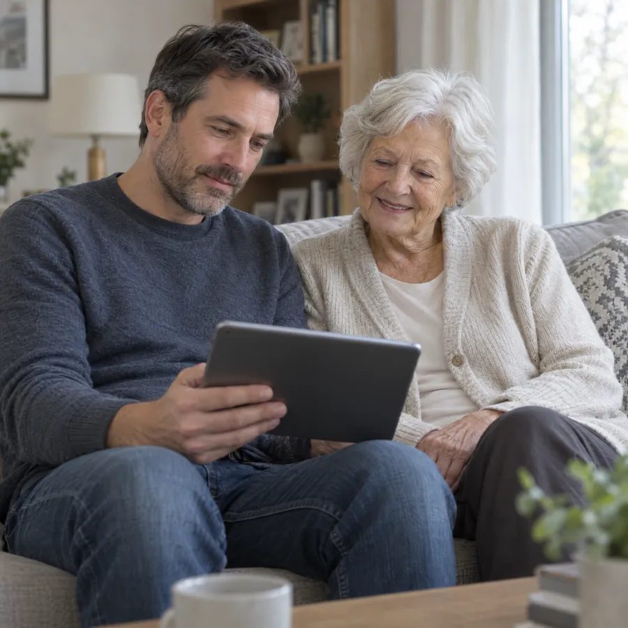 Adult son and his mother looking at a tablet together on a sofa