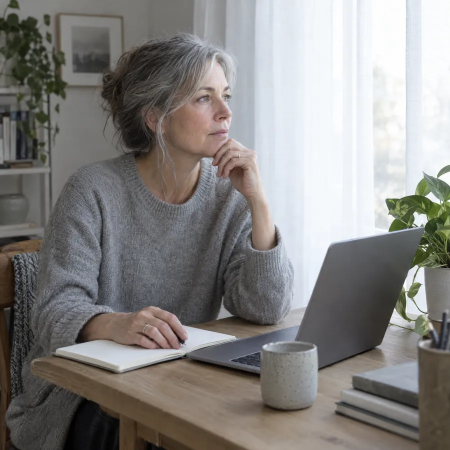 Woman in her late fifties at a home desk with a laptop and notebook